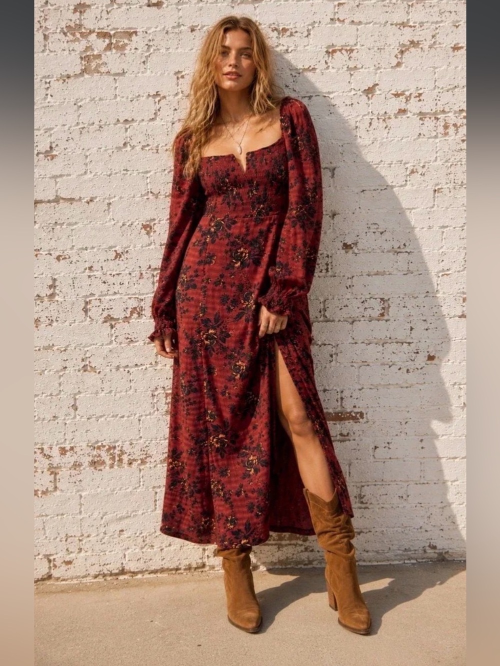 Free People Jaymes Midi/Maxi Long Sleeve Dress Burgundy Combo